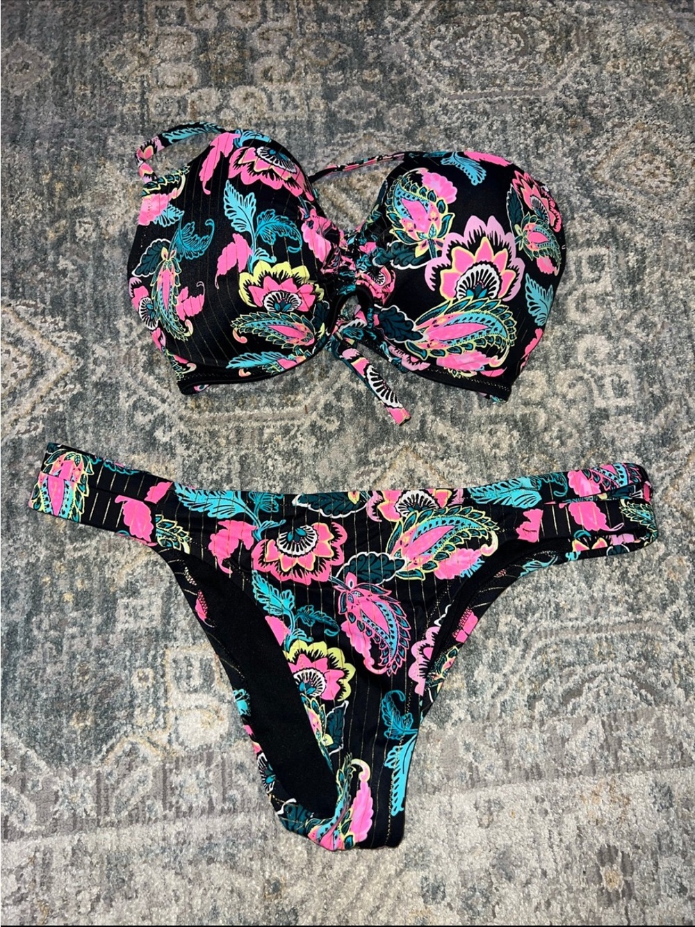 Shade & Shore Black Floral Push-Up Bikini with Pink Accents